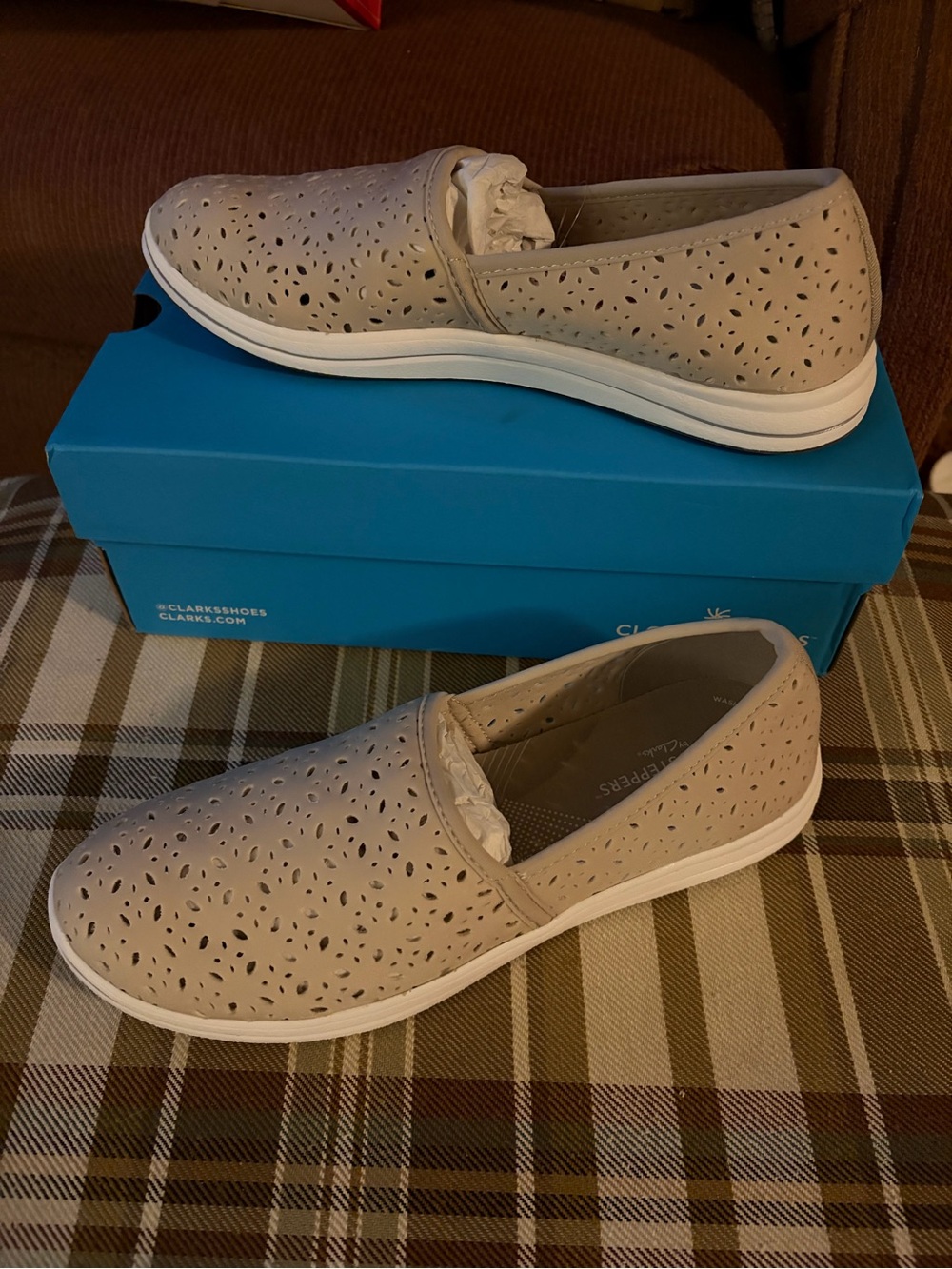 Clark’s Cloudsteppers Taupe Laser-Cut Slip-On Shoes